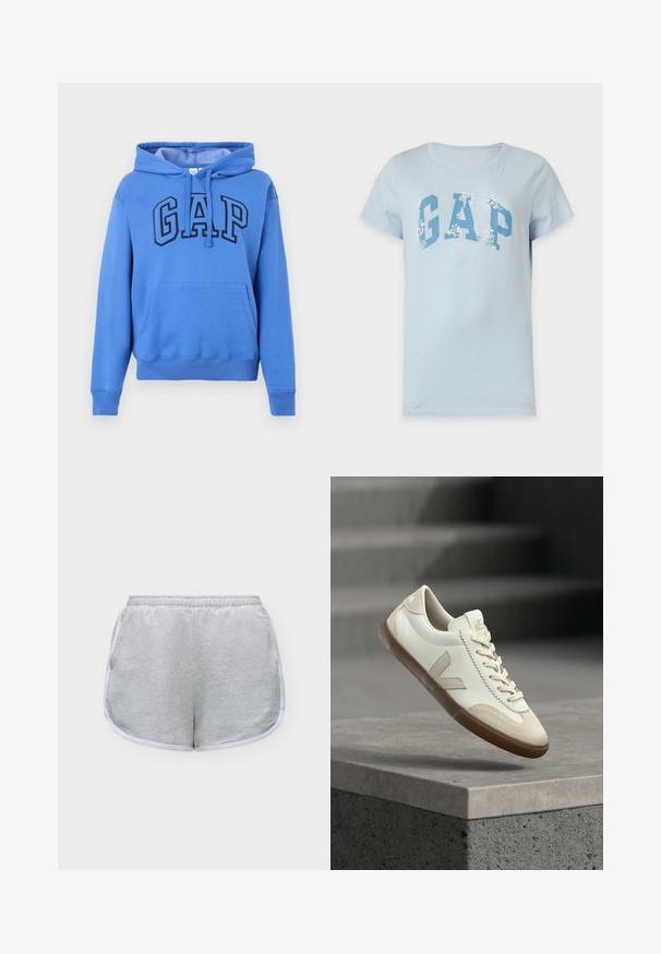Sweat à capuche bleu avec poche avant en forme de poche kangourou et logo "GAP" en grandes lettres épaisses sur la poitrine; T-shirt bleu clair à manches courtes avec grand logo GAP bleu et motifs floraux blancs sur les lettres, présenté sur un fond uni.; Short de sport gris clair avec bordure blanche et taille élastique, posé à plat sur un fond blanc.; Baskets blanches et beige avec semelle gomme flottant au-dessus d'une surface en béton gris avec des escaliers flous en arrière-plan.