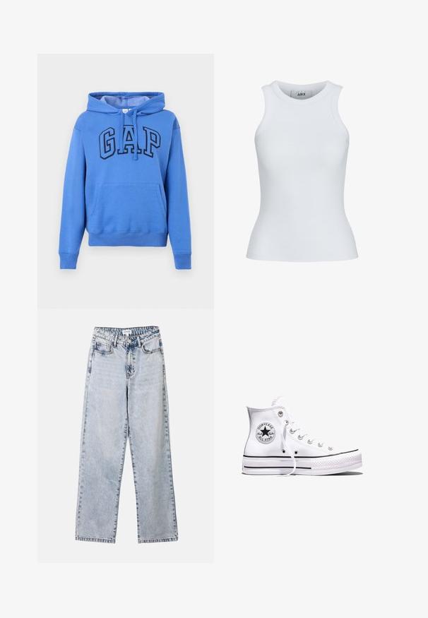 Blauer Pullover-Hoodie mit Fronttasche und großem, fettem "GAP"-Logo auf der Brust; Weißes, geripptes Tanktop mit runder Ausschnittform und ärmellosem Design. Hat eine Slim-Fit-Passform und eine weiche Textur, ideal zum Lagenlook.; Helle blaue Straight-Leg-Jeans aus Denim, ausgestattet mit zwei vorderen Taschen, einem Knopfverschluss und kontrastierenden Nähten entlang der Säume.; Weißer Converse Chuck Taylor All Star High-Top-Sneaker mit schwarzen Streifen und Logo-Patch an der Seite, präsentiert vor einem schlichten weißen Hintergrund.