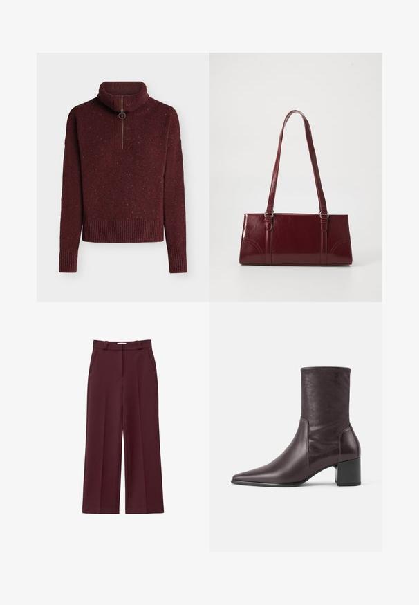 Pull en maille bordeaux à manches longues, poignets et ourlet côtelés, col haut, et fermeture éclair frontale avec un curseur circulaire.; Pantalons larges bordeaux en tissu lisse et texturé, dotés de deux poches latérales et d'une taille haute.; Botte en cuir brun foncé mi-mollet avec un bout pointu et un talon bloc, finition lisse, et détails de coutures le long des côtés.; Sac à main bordeaux en matériau brillant, de forme rectangulaire, avec deux anses et des accents légèrement courbés à l'avant.