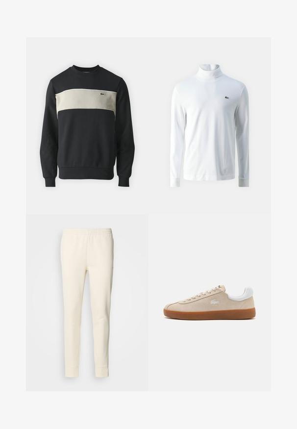 Sudadera negra con un panel horizontal beige, puños y cuello acanalados. Presenta un pequeño logotipo verde en el pecho. Material de algodón suave.; Camisa de cuello alto de manga larga blanca hecha de tela suave, con un pequeño logo bordado verde en el pecho y puños ajustados.; Pantalones de chándal color crema, hechos de una tela suave, con una cinturilla elástica, piernas ajustadas y tobillos ceñidos. Diseño simple sin patrones.; Zapatilla de ante beige con detalles en cuero blanco, cierre de cordones plano, suela de goma y logo bordado. La vista lateral muestra un diseño aerodinámico.