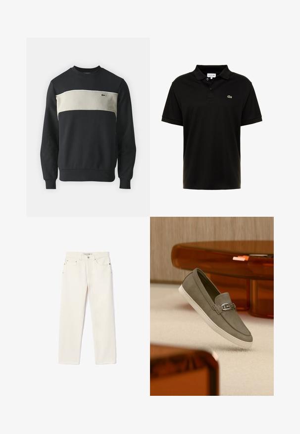 Zwarte sweatshirt met een beige horizontale band, rib gebreide manchetten en halslijn. Heeft een klein groen logo op de borst. Zacht katoenmateriaal.; Zwarte polo shirt van katoen met korte mouwen, knoopsluiting en een groene Lacoste krokodil logo op de linkerborst.; Crème-kleurige denim jeans met een rechte pijp, voorzien van twee voorzakken, een knoopsluiting en subtiele branding nabij de tailleband.; Enkele grijze suède loafer met witte zool en zilveren gespdetail, zwevend weergegeven boven een lichte tapijt- en houten meubelachtergrond.