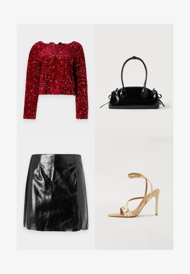 Red sequined long-sleeve top featuring a rounded neckline and a tie detail at the back. Fabric has a shiny, textured finish.; Black shiny faux leather mini skirt with subtle seam details and a slight front slit on a white background.; Even&Odd by Zalando Sandals - gold; Small black glossy handbag with two long handles and side drawstring details on a plain light background.