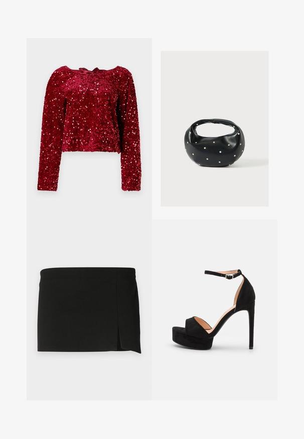 Haut à manches longues en sequins rouges avec un col rond et un détail noué à l'arrière. Le tissu a une finition brillante et texturée.; Mini jupe noire à coupe droite, avec une légère fente à l'avant. Fabriquée à partir d'un tissu lisse et extensible pour plus de confort et d'ajustement.; Sandale à talons hauts en daim noir avec une semelle compensée, bride de cheville avec quincaillerie en argent, design à bout ouvert et texture lisse.; Sac à main en cuir noir de forme arrondie, décoré de clous argentés et équipé d'une poignée courte. Texture lisse et fermeture éclair.