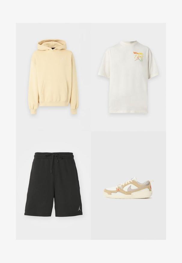Beige hættetrøje med frontlomme og lille hvid Jordan-logo på venstre bryst, vist på ensfarvet baggrund.; Hvid kortærmet t-shirt med lille multifarvet "World Tour" tekst og silhuet af en springende person omgivet af stjerner på brystet.; Sort atletisk shorts lavet af blødt stof, med elastisk talje og snøre, sidelommer og et lille logo på venstre ben.; Hvide og beige sneakers med net- og ruskindspaneler, grå accenter, rødt logo og orange trækflap. Rund tå og polstret således design.