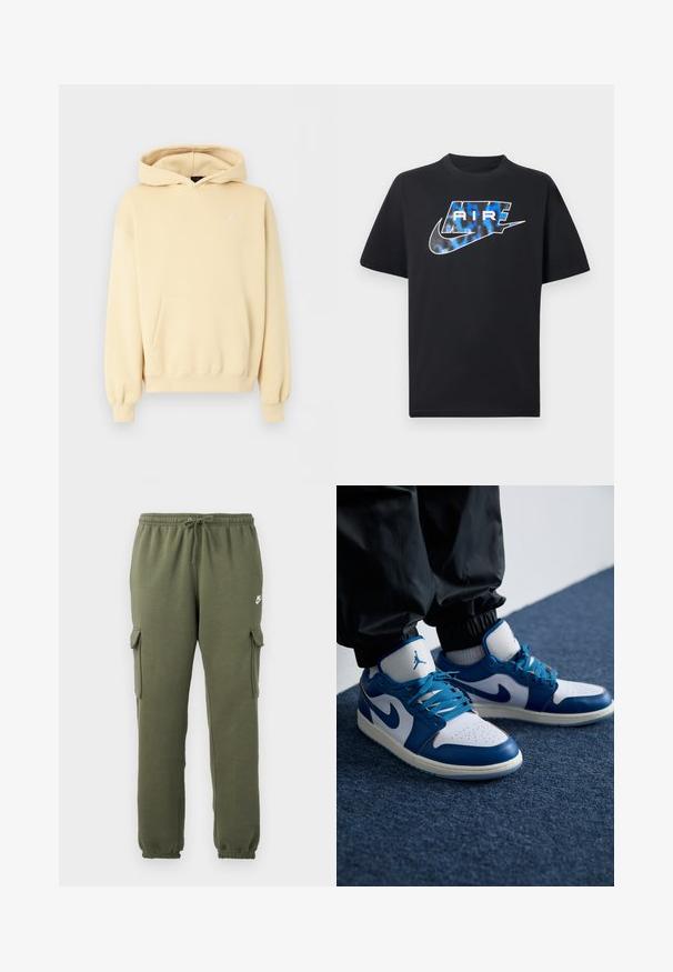 Beige sweater met capuchon, voorvak en klein wit Jordan-logo op de linkerborst, afgebeeld op een effen achtergrond.; Zwart kortermig T-shirt met een blauw-witte gestileerde tekst "AIR" en het Nike swoosh-logo op de borst.; Olijfgroene cargobroek met elastische tailleband, trekkoordsluiting, zijzakken en een logo op de dij. Gladde katoenmix stof.; Nike Air Jordan sneakers hebben een witte leren basis met blauwe synthetische accenten, een geperforeerde neusdoos en blauwe veters.