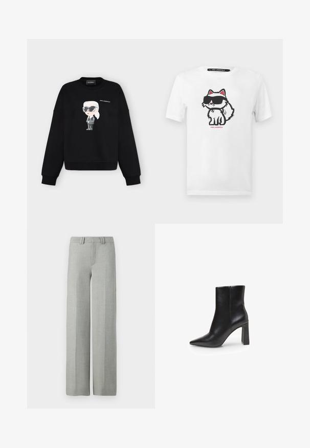 Sort sweatshirt med tegneseriefigur iført solbriller og jakkesæt, med teksten "KARL LAGERFELD" over figuren på brystet.; Hvid T-shirt med tegneseriehvid kat iført sorte solbriller trykt på midten foran, lille rød "Karl Lagerfeld" tekst under katten.; Grå bredbensbukser i et letvægtsmateriale, med flad front, bæltehuller og rene, skræddersyede linjer uden synlige mønstre.; Sort ankelstøvle i imiteret læder med spids tå, høj blokhæl og glat tekstur. Minimalistisk design uden synlige pynt.