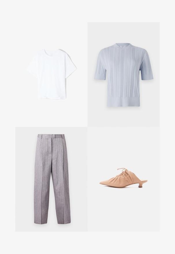 Lyseblå kortærmet striktrøje med vertikal ribbet struktur og rund halsudskæring. Stoffet har subtile detaljer med en tætsiddende kant.; Enkelt hvid bomulds T-shirt med korte ærmer og rund hals, vist fladt på en hvid baggrund.; Grå hørbukser med lige ben og høj talje med bæltestropper og skjult frontlukning, vist mod en hvid baggrund.; Beige dames mule i læder med spids tå, rynket overdel, snøre og lav kittenhæl på hvid baggrund.