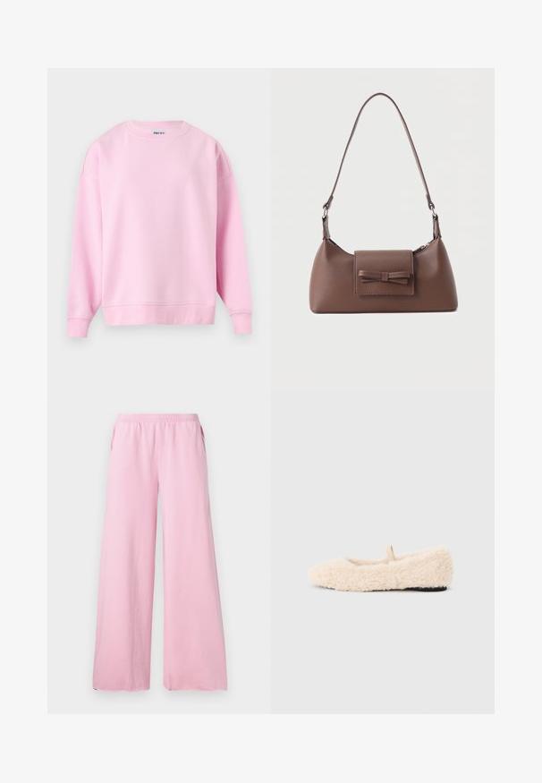 Sudadera de manga larga color rosa claro con cuello redondo, puños y bajo acanalados, mostrada sobre fondo blanco.; Pantalones de pierna ancha rosa, hechos de una tela suave, con una cintura elástica y bolsillos laterales. Presenta un corte recto y fluido.; Pantufla esponjosa de color crema con una textura suave, punta redondeada, diseño minimalista y un pequeño lazo de tela en la parte posterior para facilitar su uso.; Bolso bandolera de cuero marrón con un bolsillo frontal de solapa que presenta un detalle de moño cosido y una correa ajustable.