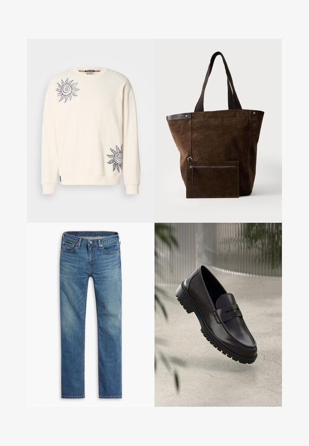 Cremfarbener Sweatshirt mit langen Ärmeln, mit marineblauen Sonnenmotiven auf der linken Brust und der unteren rechten Seite. Weicher Stoff.; Blaue gerade geschnittene Jeans mit Knopf- und Reißverschluss vorne, Fünf-Taschen-Design und dezenten Ausbleichungen an Oberschenkeln und Knien.; Braune Leder-Loafers mit einer strukturierten, geriffelten Gummisohle. Sie zeichnen sich durch ein schlankes Design und einen dekorativen Riemen über dem Spann aus.; Dunkelbraune Veloursleder-Tote mit schwarzen Griffen und einem passenden rechteckigen Reißverschlussbeutel, der vorne befestigt ist.