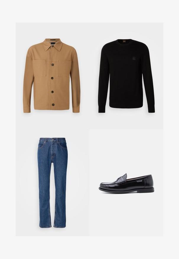 Sort strikcardigan med lange ærmer, rund halsudskæring og et lille tekstureret logo-patch på brystet. Glat tekstur over det hele.; BOSS CRAIG - Skjorter - medium beige; Blå denimjeans med lige snit, fem-lomme-design og lys syning. Har lynlås og knaplukning foran.; Sorte læderloafer med en blank finish, der har et syet mønster på tåen og en lav, tekstureret sort gummisål.