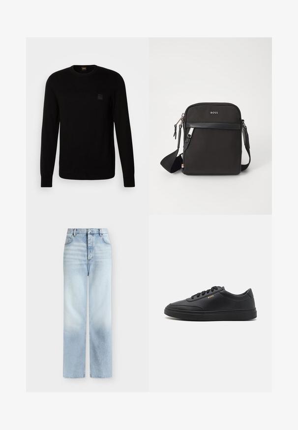 Pull en maille noir à manches longues, col rond, avec un petit patch en relief sur la poitrine. Texture lisse sur l'ensemble.; Jeans bleu clair taille haute à jambes droites, avec poches avant, passants de ceinture et fermeture par bouton.; Baskets en cuir noir avec une texture lisse, bout rond, semelle en caoutchouc plate et lacets ton sur ton. Présente une marque "BOSS" dorée sur le côté.; Sac bandoulière noir en tissu texturé, avec un logo sur le devant, fermeture éclair et une bandoulière réglable. Finitions en cuir lisse.