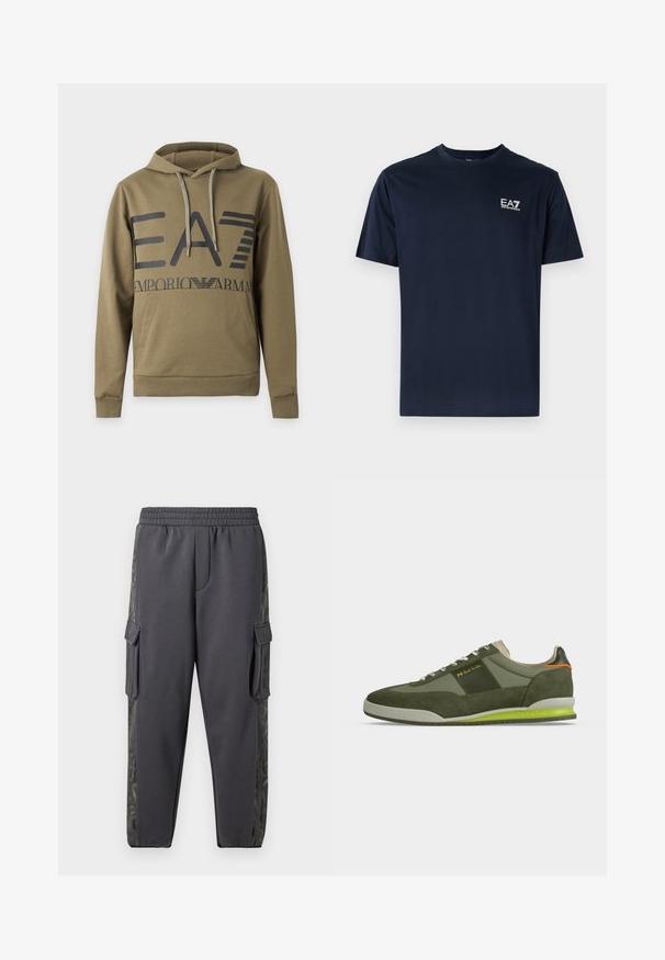 Olivgrüner Hoodie mit großem schwarzem EA7 Emporio Armani Logo, Front-Kängurutasche und verstellbarer Kapuze mit Kordelzug.; Navyblaue Baumwoll-T-Shirt mit kurzen Ärmeln, Rundhalsausschnitt und EA7-Logo auf der oberen linken Seite in Weiß. Glatte Textur, lässiges Design.; Graue Jogginghosen aus einem weichen Stoff, mit Cargo-Taschen und einem gemusterten Seitenstreifen für zusätzliche Details. Mit elastischem Bund.; Grüner Sneaker aus Wildleder und Stoff mit weißer Sohle, gelbem Streifendetail, Schnürsenkeln und PS Paul Smith Logo an der Seite und der Sohle.
