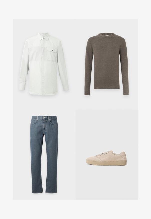 Suéter marrón de manga larga con cuello redondo acanalado, hecho de un material suave y texturizado. Presenta un diseño simple y recto sin patrones.; Camisa blanca de manga larga con botones, con sutiles rayas verticales y un bolsillo en el pecho, abotonado, en el lado izquierdo.; Vaqueros de mezclilla azul de pierna recta con bolsillos delanteros, trabillas para cinturón y cierre de botón, mostrados sobre un fondo claro y liso.; Zapatilla de ante beige con punta redondeada, cordones planos y suela de goma texturizada. Diseño minimalista con bordes suaves y costuras sutiles.
