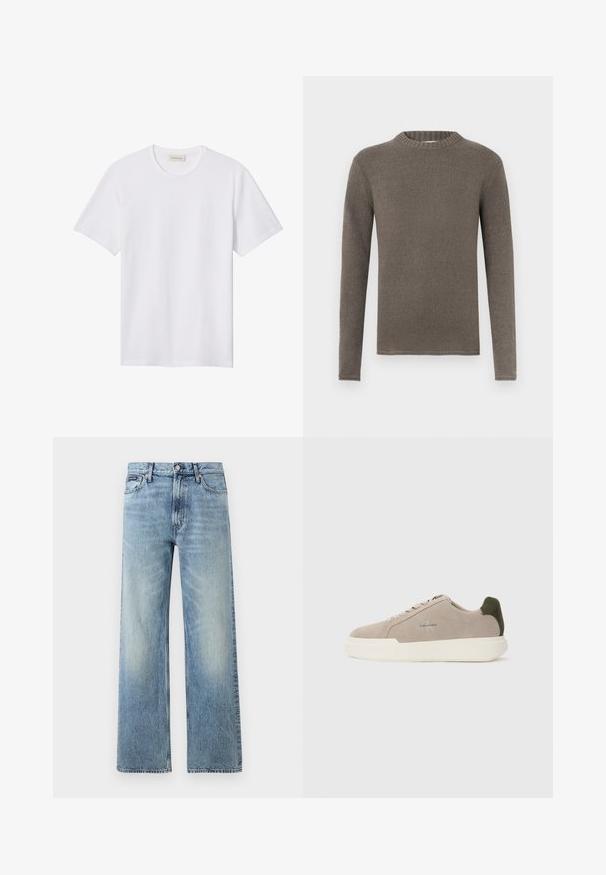 Bruine trui met lange mouwen en een geribde ronde hals, gemaakt van zacht, gestructureerd materiaal. Heeft een eenvoudig, recht ontwerp zonder patronen.; Effen wit T-shirt met korte mouwen en ronde hals, met een klein reliëflogo op de linkerborst en een merklabel binnenin de kraag.; Lichtblauwe denim jeans met rechte pijpen, een hoge taille, vijf zakken, knoopsluiting en subtiele vervaging op de dijen en knieën.; Beige suède sneakers met een witte rubberen zool, voorzien van een donkergroene hielaccent en subtiele branding aan de zijkant.