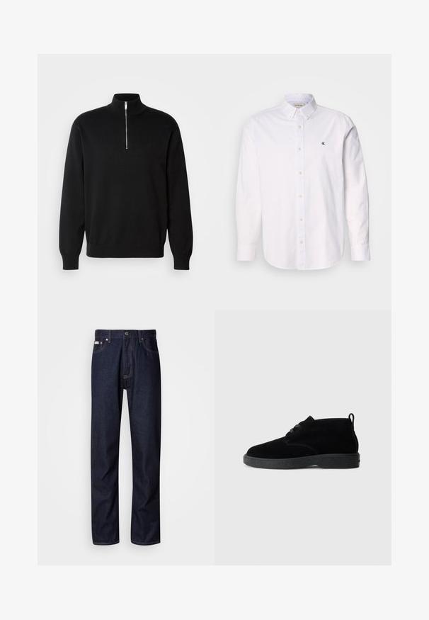 Sort zip-krave sweater lavet af glat stof med høj krave og lange ærmer, med et diskret logo på brystet.; Hvid skjorte med knappelukning lavet af bomuld, med klassisk krave, lange ærmer og et lille CK-logo på venstre bryst. Glat tekstur.; Mørkeblå denim jeans med lige ben-design, der har en knaplukning, fem lommer og kontrastsyede detaljer.; Sorte ruskindsankelstøvler med rund tå, snørebåndsdesign, sort gummisål og en sløjfe bag på for nem påtagning.