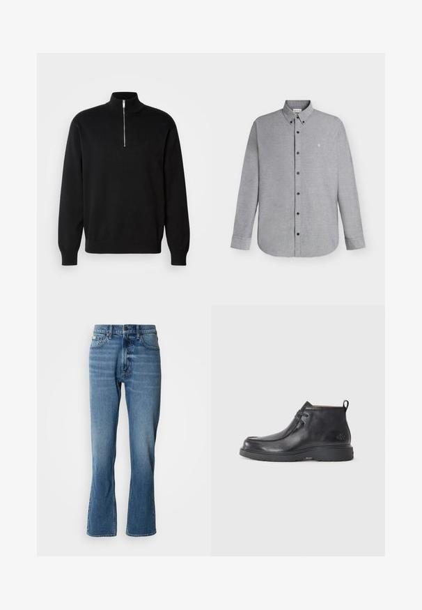 Sort zip-krave sweater lavet af glat stof med høj krave og lange ærmer, med et diskret logo på brystet.; Lysegrå skjorte med lange ærmer, knapper foran og knaplukket krave samt det lille "cK" logo broderet på venstre bryst.; Lyseblå denim jeans med lige pasform og let flare. Har fem lommer, knaplukning og subtile slidte detaljer.; Sorte læder ankelstøvler med rund tå, snørelukning og en løkke bagpå. Tekstureret overdel og gummisål.