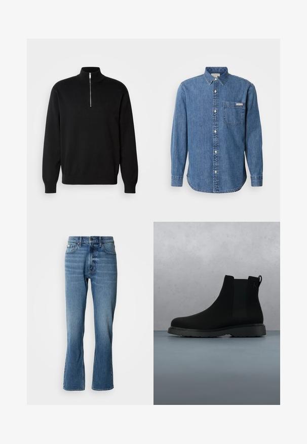 Zwarte ritsnektrui van gladde stof, met een hoge kraag en lange mouwen, voorzien van een subtiele logo op de borst.; Denim overhemd in medium blauw met een button-down kraag, lange mouwen, een borstzak en witte knopen. Heeft een licht afgeronde zoom.; Lichtblauwe denim jeans met een rechte snit en een lichte flare. Beschikt over vijf zakken, een knoopsluiting en subtiele wassingdetails.; Zwarte enkelboot van soepel materiaal met subtiele stiksels, een rubberen zool en een slank ontwerp, gepositioneerd boven een houten textuur.