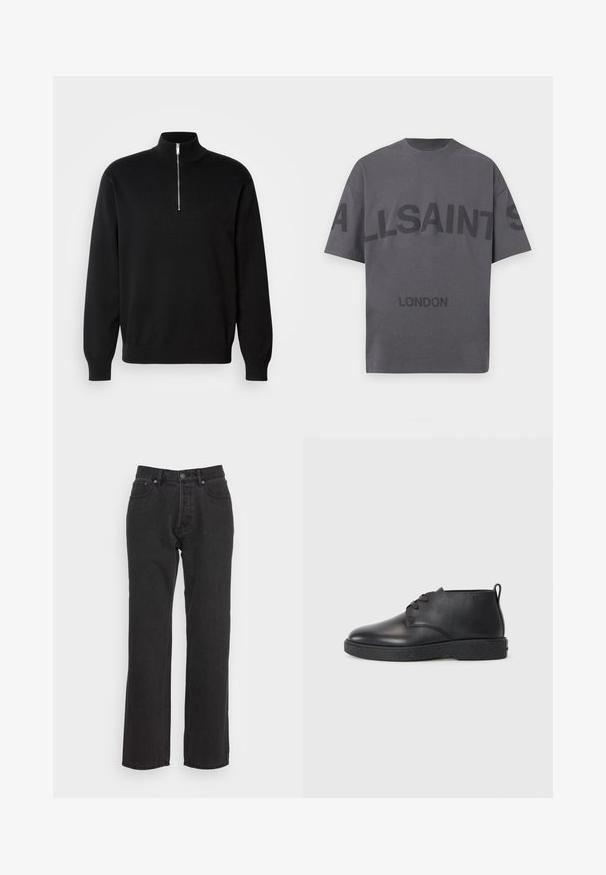 Schwarzer Zip-Kragen-Pullover aus glattem Stoff, mit hohem Kragen und langen Ärmeln, mit einem dezenten Logo auf der Brust.; Graues Baumwoll-T-Shirt mit Rundhalsausschnitt. Mit auffälligem schwarzen Text "ALLSAINTS" über der Brust und "LONDON" am unteren Ende. Kurze Ärmel.; Schwarze Jeans aus Denim mit geradem Bein, ausgestattet mit einem vorderen Knopfverschluss, Gürtelschlaufen und zwei Seitentaschen. Strukturiertes Material.; Schwarze Leder-Stiefeletten mit glatter Textur, abgerundeter Spitze und schwarzer Gummisohle. Verfügt über ein Schnürdesign und eine Fersenschlaufe für ein einfaches Anziehen.