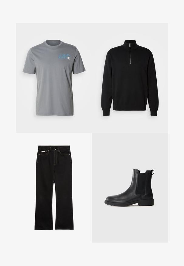 Zwarte ritsnektrui van gladde stof, met een hoge kraag en lange mouwen, voorzien van een subtiele logo op de borst.; Grijze katoenen t-shirt met een ronde hals, korte mouwen, met daarop blauwe "CALVIN KLEIN" tekst gedrukt aan de linkerkant. Soepele textuur.; Zwarte jeans met rechte pijpen, oranje stiksels, vijf zakken, knoopsluiting en een klein Calvin Klein-label op de voorste rechterzak.; Zwarte leren enkelboot met elastische zijpanelen, trekhaak op de hiel en een lage blokzool tegen een effen achtergrond.