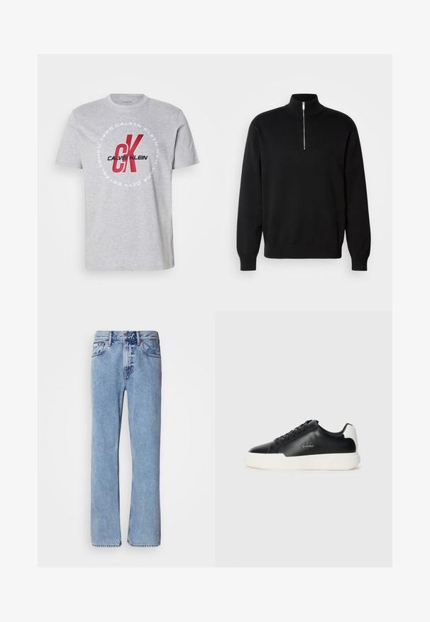 Sweater negro con cuello alto y cierre tipo cremallera, fabricado en tejido suave. Presenta mangas largas y un logo sutil en el pecho.; Camiseta de algodón gris con cuello redondo, mangas cortas y un gráfico central con "Calvin Klein" y "CK" en rojo y negro.; Jeans de mezclilla azul claro con un diseño de pierna recta, cinco bolsillos y cierre de botón. Detalles de costura cerca de los bolsillos y la cintura.; Zapatillas de piel negra con suela de goma blanca. Presentan puntera redonda, diseño de cordones y detalle del logotipo en el costado. Acento trasero en blanco.
