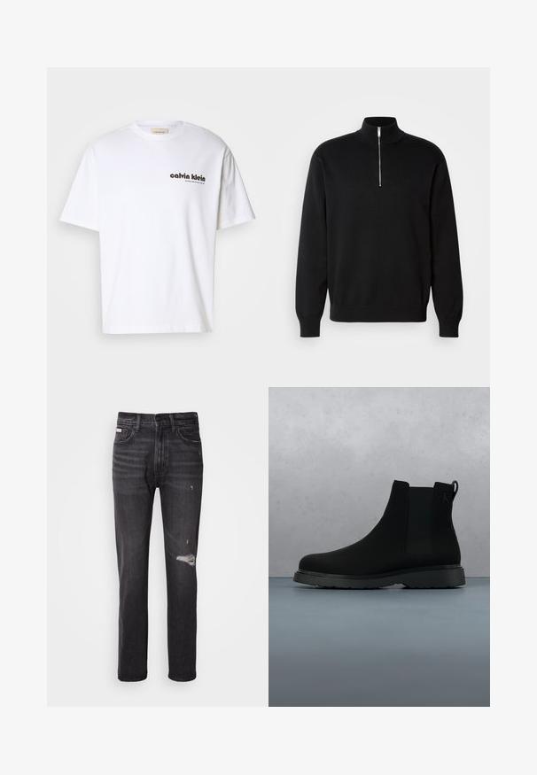 Čierny sveter na zips s hladkým povrchom, s vysokým golierom a dlhými rukávmi, s jemným logom na hrudi.; Biela bavlnená tričko s krátkymi rukávmi, s čiernym nápisom "Calvin Klein" a štvorcovou etikettou pri výstrihu. Jednoduchý dizajn.; Čierne džínsy z denimu s rovnými nohavicami, so zničením v oblasti kolena, štýlom s piatimi vreckami a mierne vyblednutým povrchom.; Čierne členkové topánky vyrobené z hladkého materiálu s jemným prešívaním, gumovou podrážkou a elegantným dizajnom, umiestnené na povrchu s drevenou textúrou.