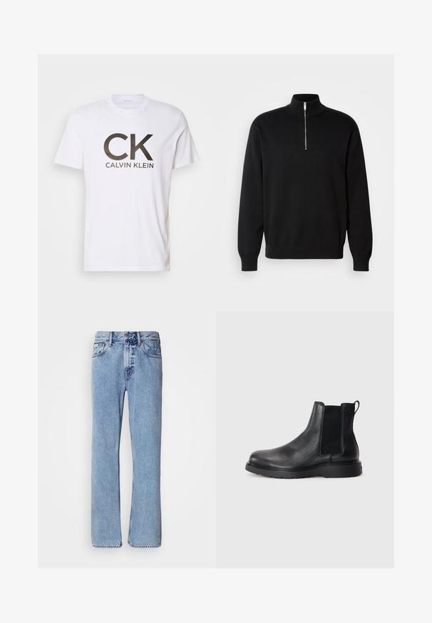 Sort zip-krave sweater lavet af glat stof med høj krave og lange ærmer, med et diskret logo på brystet.; Hvid bomuld t-shirt med et stort sort "CK" logo og "CALVIN KLEIN" tekst nedenfor. Klassisk rund hals og korte ærmer.; Lyseblå denimjeans med lige ben design, fem lommer og knaplukning. Syninger nær lommer og talje.; Sorte læder chelsea støvler med tekstureret finish, elastiske sidepaneler og en robust gummisål. Subtil branding på hælen.