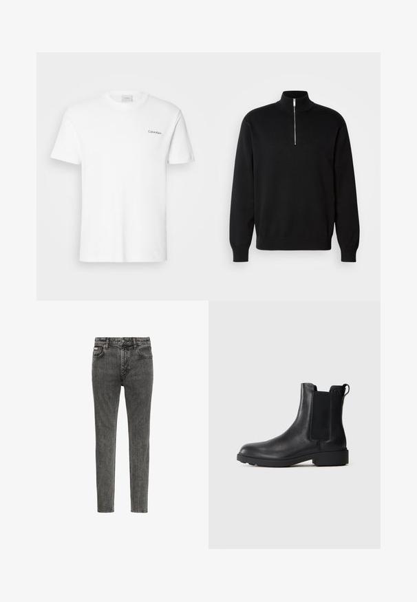 Sweater negro con cuello alto y cierre tipo cremallera, fabricado en tejido suave. Presenta mangas largas y un logo sutil en el pecho.; Camiseta de algodón blanca con mangas cortas y un escote en forma de cuello redondo. Presenta un pequeño logotipo negro de "Calvin Klein" en el lado izquierdo del pecho.; Vaqueros de denim negros descoloridos de corte ajustado con cinco bolsillos, trabillas para cinturón y cierre de botones en la cintura, mostrados de frente sobre un fondo blanco.; Botín negro de cuero hasta el tobillo con paneles laterales elásticos, tirador en el talón y suela baja de bloque sobre un fondo liso.