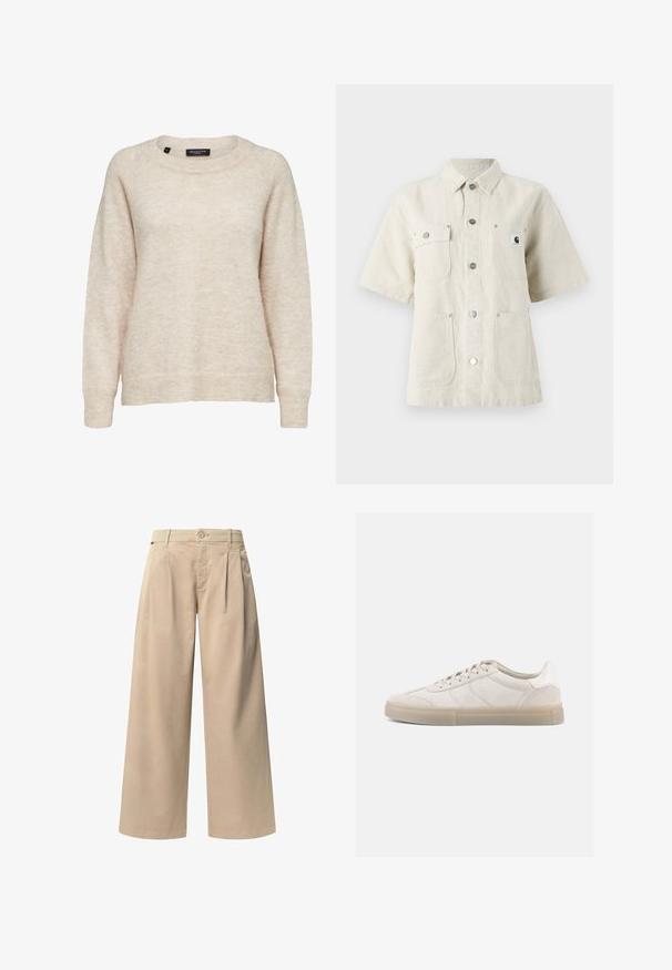 Beige lange mouwen wollen trui met ronde hals, geribbelde boorden en zoom, maat medium, label met opschrift "Selected Femme."; Korte mouwen shirt van lichtbeige stof, met een puntige kraag, knopen aan de voorkant, twee borstzakken en een klein logo op de linkerzijde.; Beige wijde broek met twee voorplooien, een knoopsluiting en een gladde textuur. Ontworpen voor comfort en een losse pasvorm.; Beige suède sneakers met een lage profiel, voorzien van een gestructureerd bovenwerk, tonale stiksels en een lichte rubberen zool. Veters maken het ontwerp compleet.