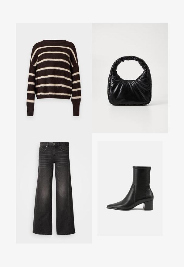 Pull en tricot avec un col rond, présentant de larges rayures marron foncé et crème. Design raccourci avec des poignets et un ourlet côtelés.; Jeans en denim noir à jambes larges avec détails délavés, design à cinq poches, fermeture par bouton et fermeture éclair.; Bottine noire en cuir lisse, avec un bout pointu, un talon carré et des coutures surélevées distinctes au bord supérieur.; Sac à main noir rembourré avec une poignée arrondie, présentant une surface lisse et brillante ainsi qu'une texture douce et matelassée. Pas de quincaillerie ou d'accents visibles.