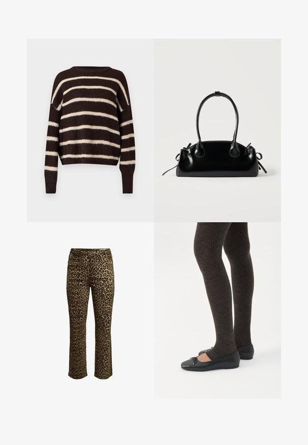 Pull en tricot avec un col rond, présentant de larges rayures marron foncé et crème. Design raccourci avec des poignets et un ourlet côtelés.; Pantalons imprimé léopard avec une coupe slim, fermeture à bouton et taille cousue avec un léger stretch pour le confort.; Jambes portant des leggings côtelés foncés associés à des ballerines noires avec de petits détails en nœud sur fond blanc.; Petit sac à main noir brillant avec deux longues anses et des détails à cordon sur les côtés sur un fond clair uni.