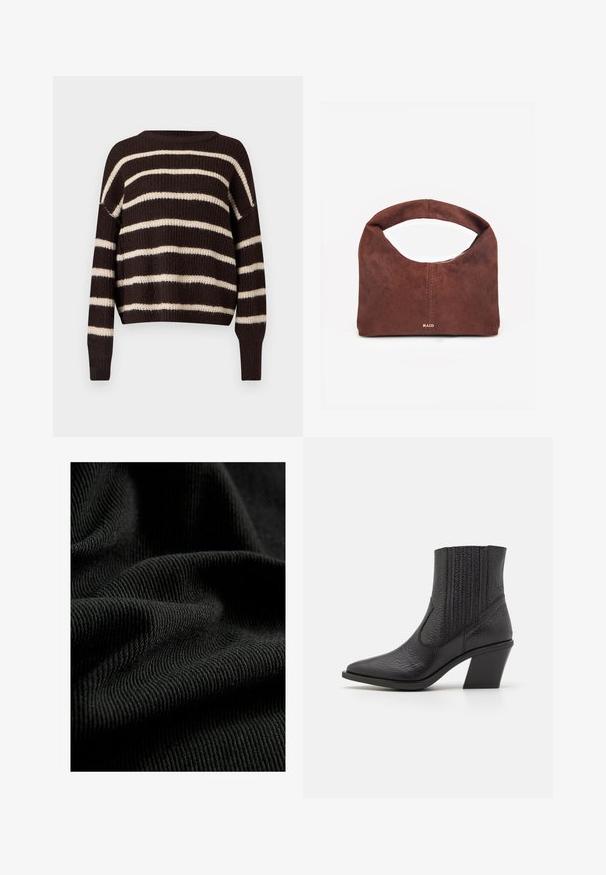 Pull en tricot avec un col rond, présentant de larges rayures marron foncé et crème. Design raccourci avec des poignets et un ourlet côtelés.; Tissu noir côtelé avec une surface texturée, mettant en valeur des plis et des courbes subtiles. Le matériau semble léger et flexible.; Bottine noire en cuir texturé, avec un bout pointu et un talon large et anguleux. Panneaux latéraux élastiques pour un enfilage facile.; Sac à main en daim marron avec poignée arrondie, texture douce, couture verticale et logo doré "RAID" au centre devant.