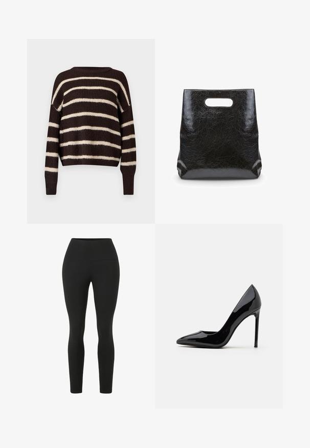 Pull en tricot avec un col rond, présentant de larges rayures marron foncé et crème. Design raccourci avec des poignets et un ourlet côtelés.; Leggings noirs avec une taille haute. Fabriqués en tissu extensible, présentant une texture lisse et une silhouette ajustée sans coutures visibles.; Call it Spring MESMERIZE - Escarpins - other black; Sac fourre-tout noir texturé avec une finition froissée et une poignée découpée. Présente une forme rectangulaire avec une base plate pour plus de stabilité.