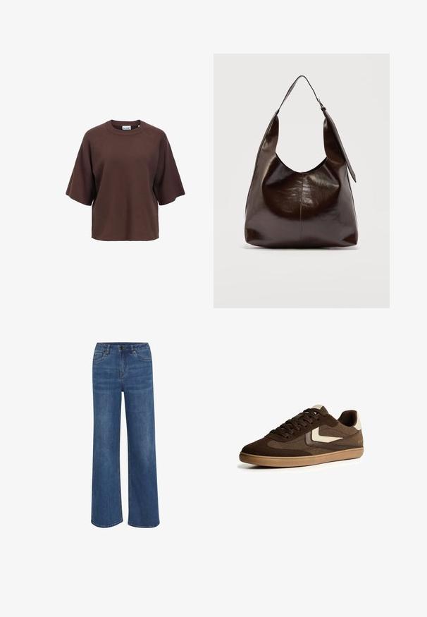 Bruine gebreide top met korte mouwen, ronde hals en een losse pasvorm, weergegeven op een witte achtergrond.; Wijduitlopende jeans van middelblauwe denim. Voorzien van een knoop- en ritssluiting, vijf zakken en subtiele vervaging op de stof.; Bruine suède en stoffen lage sneakers met beige accenten, rubberen zool, vetersluiting en een minimalistisch ontwerp op een witte achtergrond.; Donkerbruine glanzende leren schoudertas met een enkele brede riem en gespsdetail aan één kant, tegen een effen lichte achtergrond.