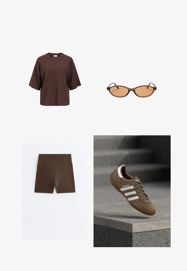 Braunes kurzärmeliges Stricktop mit rundem Ausschnitt und lockerem Sitz, gezeigt auf weißem Hintergrund.; Braune, hoch taillierte, enganliegende Sportshorts mit V-förmigem Nahtdetail am Bund, dargestellt vor weißem Hintergrund.; Brauner Adidas Spezial Sneaker aus Wildleder mit weißen Streifen und Schnürsenkeln, schwebt über einer grauen Betonkante vor unscharfem Treppenhintergrund.; Braune ovale Sonnenbrille mit schmalen Fassungen und leicht getönten braunen Gläsern, auf schlichtem weißen Hintergrund gezeigt.