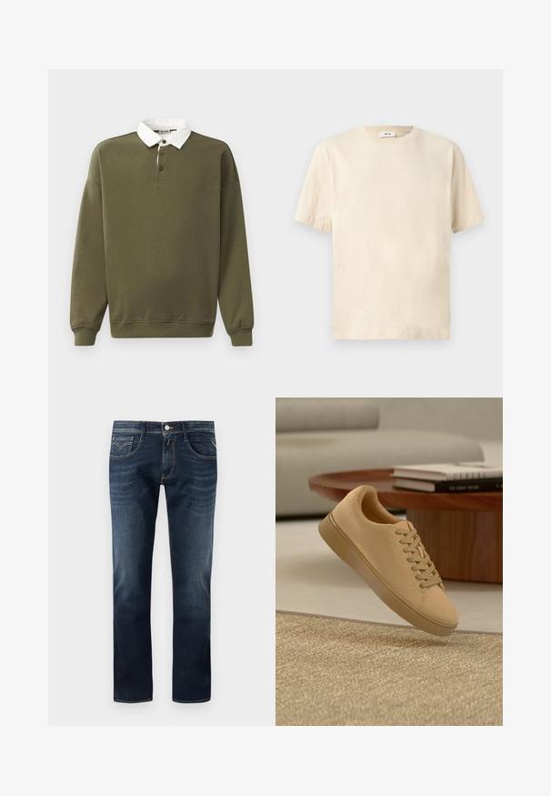 Olivgrüner Pullover mit weißem Kragen, drei-Knopf-Leiste, langen Ärmeln und gerippten Bündchen sowie Saum. Weiche Textur.; Einfarbiges beige T-Shirt mit kurzer Ärmel, Rundhalsausschnitt, geradem Saum und einem kleinen weißen Etikett innen am Kragen.; Dunkelblaue Jeans aus Denim mit einem klassischen geraden Bein Design, ausgestattet mit fünf Taschen, einem Knopfverschluss vorne und dezenten Steppnähten.; Beiger geschnürter Sneaker, der über einem strukturierten Teppich mit Holzcouchtisch und gestapelten Büchern im verschwommenen Hintergrund schwebt.