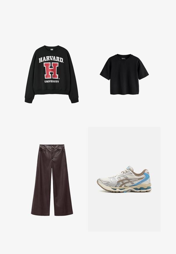 Sort sweatshirt med hvid og rød tekst, der viser "HARVARD" og "UNIVERSITY". Har en rund halslinning samt ribbede manchetter og kant.; Sort kortærmet crop top med rund halsudskæring og synligt mærke inden i kraven på hvid baggrund.; Brune faux læder wide-leg bukser med høj talje, der har forlommer og klassisk knaplukning. Glat tekstur og mat finish.; Hvid og beige løbesko med blå accenter, netoverdel, polstret sål og snørelukning, vist fra ydersiden.