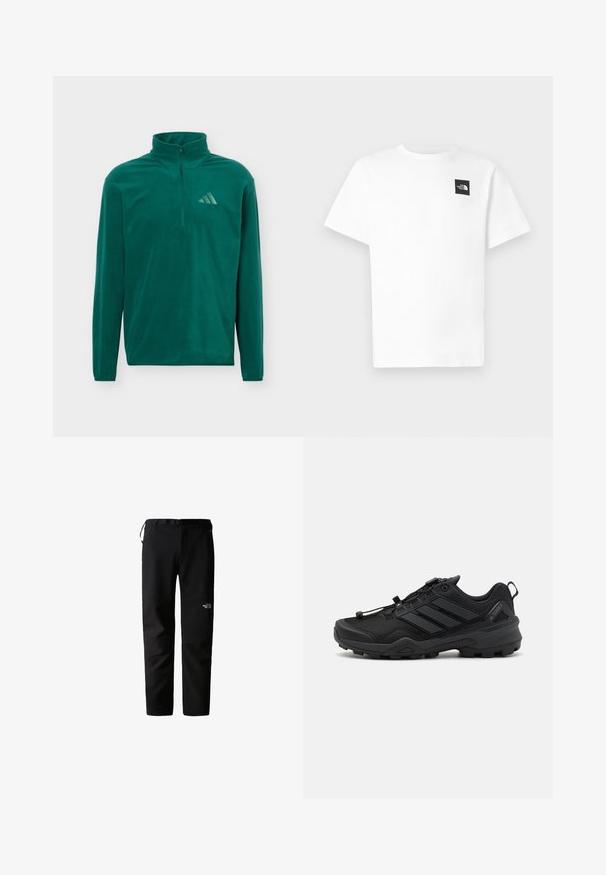 Sinaka roheline pikkade varrukatega fliisipusa, millel on veerandi lukk ja Adidas logo vasakul rinnal, plaaniv taust.; Valge puuvillane lühikeste varrukatega T-särk, millel on vasakul rinnal must ruudukujuline logo ja ümara kaelusega disain.; Mustad mustad pükse, millel on peen disain, valmistatud vastupidavast ja kergest kangast. Omab vööd, kül Pocketeid ja logo reiel.; Mustad mustespordijalats, millel on tekstureeritud võrkkangas, kontrastsed sünteetilised detailid ja tugev kummist tald. Omab kindlat paeltesüsteemi ja tagumist silmust.