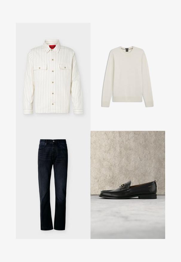Pull crème à manches longues avec col rond, poignets et ourlet côtelés, étiqueté Boss, présenté sur fond blanc.; Chemise blanche à manches longues avec boutons, fines rayures verticales noires, deux poches poitrine à boutons à l'avant, et col pointu.; Jean droit couleur indigo foncé avec fermeture avant à boutons et zip, passants pour ceinture et design à cinq poches, présenté sur un fond clair uni.; Mocassin en cuir noir avec mors en métal doré et logo "HUGO", présenté sur un tapis beige et un meuble translucide marron.