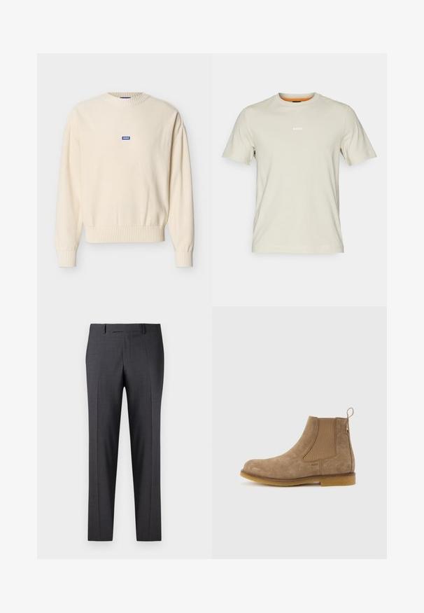 Roomkleurige trui met lange mouwen, geribbelde manchetten en zoom, een ronde halslijn en een kleine blauwe "HUGO" logo patch in het midden van de borst.; Beige katoenen t-shirt met korte mouwen, ronde halslijn en witte "BOSS" logo op de borst. Gladde textuur, casual pasvorm.; Op maat gemaakte donkergrijze broeken van een soepel, gestructureerd weefsel; heeft een vlakke voorkant en rechte pijpen; minimalistisch ontwerp zonder zichtbare accenten.; Lichtbruine suède Chelsea-laars met elastische zijpanelen, aantreklus bij de hiel en rubberen zool.