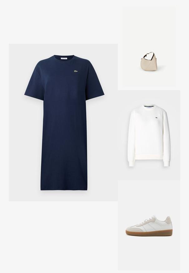 Witte sweatshirt gemaakt van een katoenmix, met een ronde halslijn, geribde manchetten en een klein groen logo op de borst. Soepele textuur.; Navyblauw katoenen t-shirtjurk met korte mouwen, ronde hals en een klein groen logo op de borst. Rechte snit, knielange ontwerp.; Witte leren sneakers met beige suède accenten, een gestructureerde tong en een rubberen zool. Voorzien van witte veters en subtiele gestikte details.; Beige leren handtas in halvemaanvorm met een enkele schouderband en minimale stiksels, afgebeeld tegen een effen witte achtergrond.