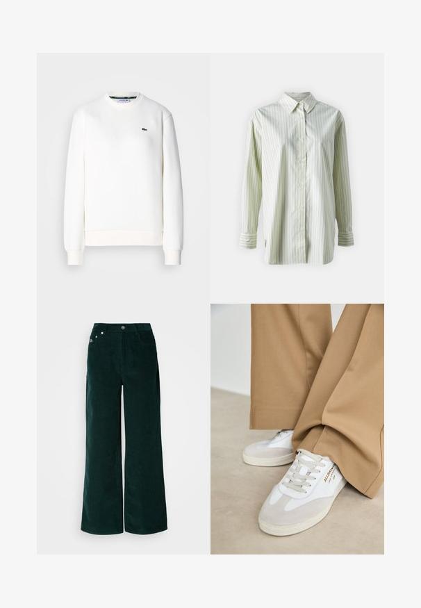 Sudadera blanca de mezcla de algodón, con un cuello redondo, puños de canalé y un pequeño logotipo verde en el pecho. Textura suave.; Camisa de botones a rayas verde claro fabricada en una tela suave, con cuello clásico, mangas largas y puños abotonados.; Pantalones de pana de pierna ancha en verde oscuro. Presentan una textura acanalada horizontal, bolsillos frontales y cierre con botones con detalles de marca.; Zapatillas blancas con detalles de ante, cordones texturizados y suela de goma. Combinadas con un pantalón suelto en tono marrón claro. Logo exhibido en el lateral.