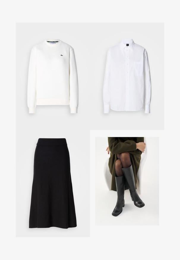 Sweatshirt blanc en mélange de coton, avec un col rond, des poignets côtelés et un petit logo vert sur la poitrine. Texture lisse.; Chemise blanche à boutons, en coton, avec un col classique, des manches longues, une poche poitrine et une texture lisse et structurée.; Jupe évasée en tricot noir avec une large taille, longueur midi, texture lisse et sans motifs ni détails métalliques visibles.; Bottes en cuir noires arrivant au genou, avec un bout carré et un talon carré, présentées sur un modèle assis dans un manteau vert olive. Texture lisse, détails minimaux.