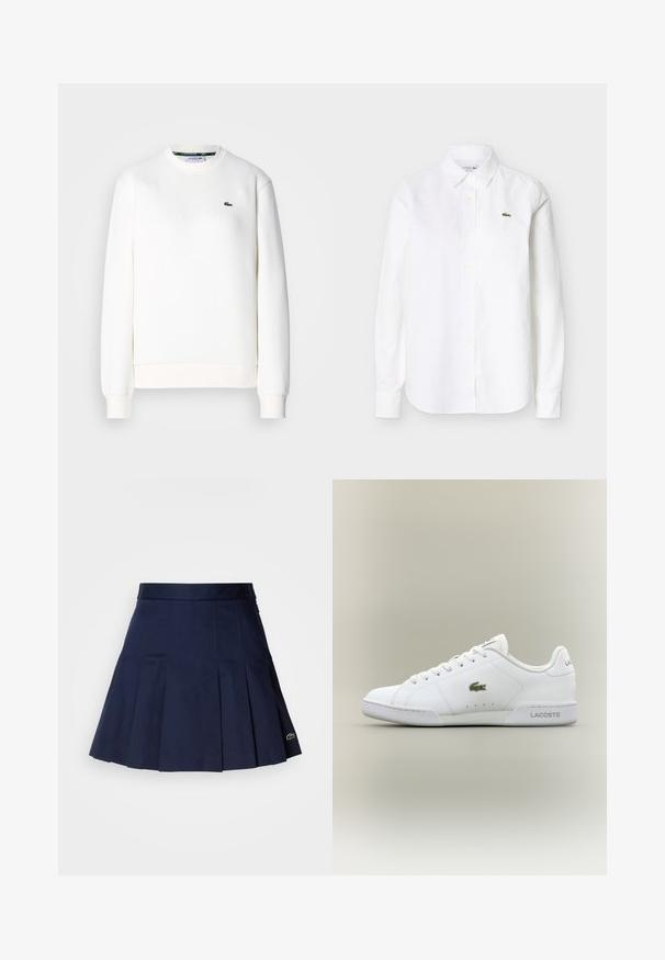 Witte sweatshirt gemaakt van een katoenmix, met een ronde halslijn, geribde manchetten en een klein groen logo op de borst. Soepele textuur.; Wit overhemd met lange mouwen en knopen, voorzien van een kraag en een klein groen krokodillenlogo op de linkerborst.; Marineblauwe plooienrok met een aangesloten tailleband, gemaakt van een soepele stof. Beschikt over een klein Lacoste-logo op de zoom.; Witte sportschoenen van synthetisch leer, voorzien van een groen geborduurd krokodillenlogo, vetersluiting en een minimalistische silhouet.