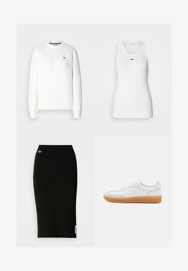 Witte sweatshirt gemaakt van een katoenmix, met een ronde halslijn, geribde manchetten en een klein groen logo op de borst. Soepele textuur.; Witte mouwloze tanktop met een ronde hals en geribbelde textuur. Heeft een klein groen Lacoste krokodillogo op de borst.; Zwarte geribbelde gebreide midi-rok met een nauwsluitende silhouet. Kleine Lacoste-logo detail op de tailleband, met een gladde textuur.; Witte leren sneaker met beige suède accenten, gumrubberen zool en vetersluiting. Heeft subtiele branding in goud.