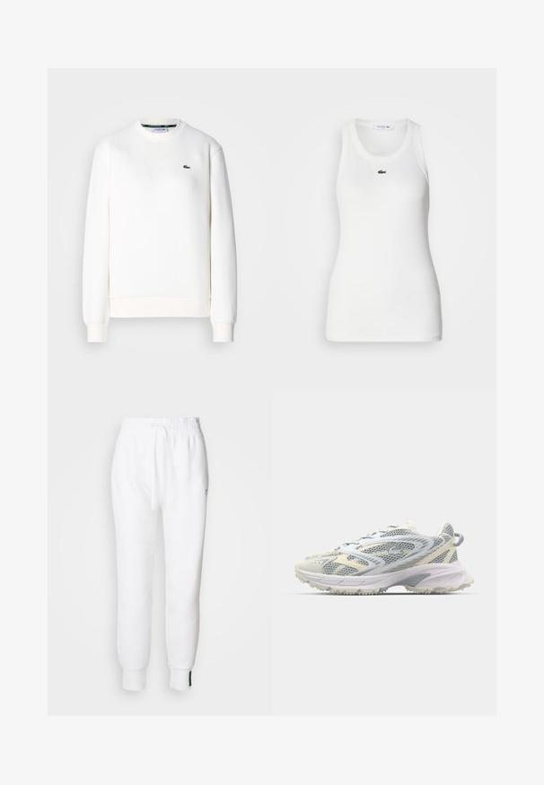 Hvid sweatshirt lavet af bomuldsblanding, med rund halsudskæring, ribbede manchetter og et lille grønt logo på brystet. Glat tekstur.; Hvid ærmeløs tanktop med rund halsudskæring og ribbet tekstur. Har et lille grønt Lacoste krokodillelogo på brystet.; Hvide joggerbukser med elastisk talje og snøre, der har sidelommer og ribbet manchetter. Blødt stof med broderet logodetalje.; Mesh atletiksko i grå og creme, med en tekstureret overdel, forstærket tå og en lysfarvet, robust ydersål for greb.