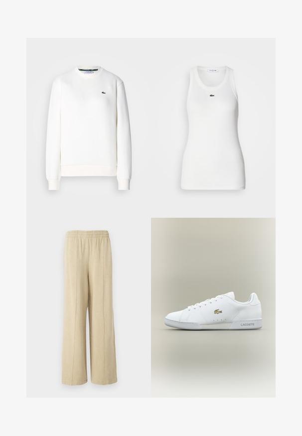 Sweatshirt blanc en mélange de coton, avec un col rond, des poignets côtelés et un petit logo vert sur la poitrine. Texture lisse.; Débardeur blanc sans manches avec un col rond et une texture côtelée. Présente un petit logo crocodile vert de Lacoste sur la poitrine.; Pantalons larges beiges avec une taille élastique et des coutures latérales visibles. Fabriqués en tissu doux avec une texture lisse.; Baskets blanches en matériau synthétique lisse, bout rond, semelle plate, avec logo doré Lacoste sur le côté et le talon. Quatre œillets pour les lacets.