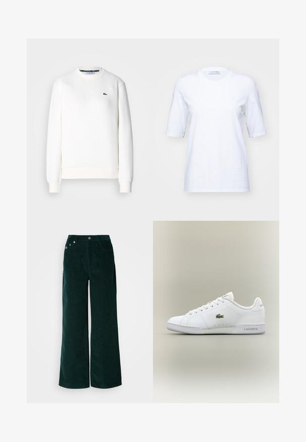 Sudadera blanca de mezcla de algodón, con un cuello redondo, puños de canalé y un pequeño logotipo verde en el pecho. Textura suave.; Camiseta blanca de algodón con mangas cortas, escote redondo y un sutil logo bordado en el pecho. Textura suave, corte clásico.; Pantalones de pana de pierna ancha en verde oscuro. Presentan una textura acanalada horizontal, bolsillos frontales y cierre con botones con detalles de marca.; Zapatillas deportivas blancas de cuero sintético, con un logo de cocodrilo bordado en verde, diseño con cordones y una silueta minimalista.
