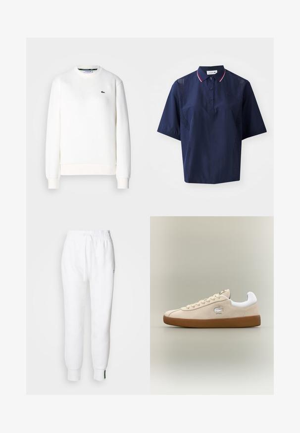 Sudadera blanca de mezcla de algodón, con un cuello redondo, puños de canalé y un pequeño logotipo verde en el pecho. Textura suave.; Polo de manga corta en azul marino con cierre de botones, cuello contrastante con acentos en rojo y blanco, y paneles laterales perforados para mayor transpirabilidad.; Pantalones jogger blancos con cintura elástica y cordón, que cuentan con bolsillos laterales y puños acanalados. Tela suave con detalle de logo bordado.; Zapatillas de ante beige con acentos blancos y suela de goma. Presentan un logo elevado en el lateral y cordones beige en contraste. Diseño clásico.