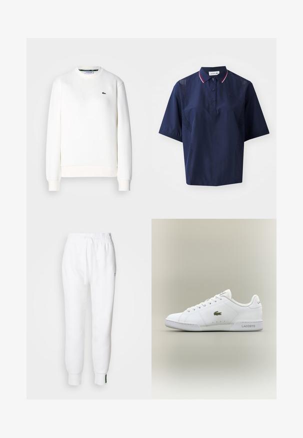 Hvid sweatshirt lavet af bomuldsblanding, med rund halsudskæring, ribbede manchetter og et lille grønt logo på brystet. Glat tekstur.; Mørkeblå kortærmet polo shirt med knaplukning, kontrasterende krave med røde og hvide detaljer samt perforerede sider for åndbarhed.; Hvide joggerbukser med elastisk talje og snøre, der har sidelommer og ribbet manchetter. Blødt stof med broderet logodetalje.; Hvide sportsko lavet af syntetisk læder, med et grønt broderet krokodillelogo, snørelukning og minimalistisk silhuet.