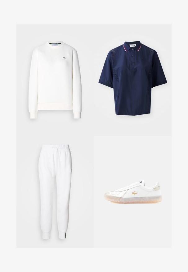 Hvid sweatshirt lavet af bomuldsblanding, med rund halsudskæring, ribbede manchetter og et lille grønt logo på brystet. Glat tekstur.; Mørkeblå kortærmet polo shirt med knaplukning, kontrasterende krave med røde og hvide detaljer samt perforerede sider for åndbarhed.; Hvide joggerbukser med elastisk talje og snøre, der har sidelommer og ribbet manchetter. Blødt stof med broderet logodetalje.; Hvid sneaker med overdel i glat læder, metallic accenter, rund tå, snørebånd og en gennemsigtig gummisål med let farvetone. Guldlogo-detalje.